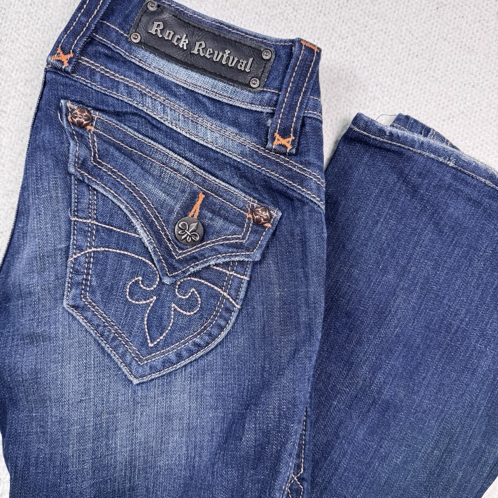 Rock Revival Jeans Women's 27 Gwen Boot Thick Stitch Fleur de Lis Blue Denim 31L
